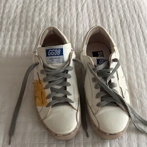 Golden Goose White Sneakers with Gray Laces and Yellow Accent